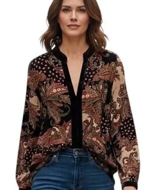 Soft Surroundings Velvet Paisley Top Womens Small Black Multicolor Blouse